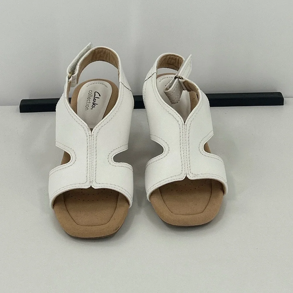 Clarks Collection White Leather Wedge Sandals Slingback Ultimate Comfort Size 7